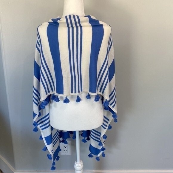 Caroline Grace Stripe Tassel Cashmere Blend Knit Poncho Shrug Topper White Wave - Picture 4 of 14